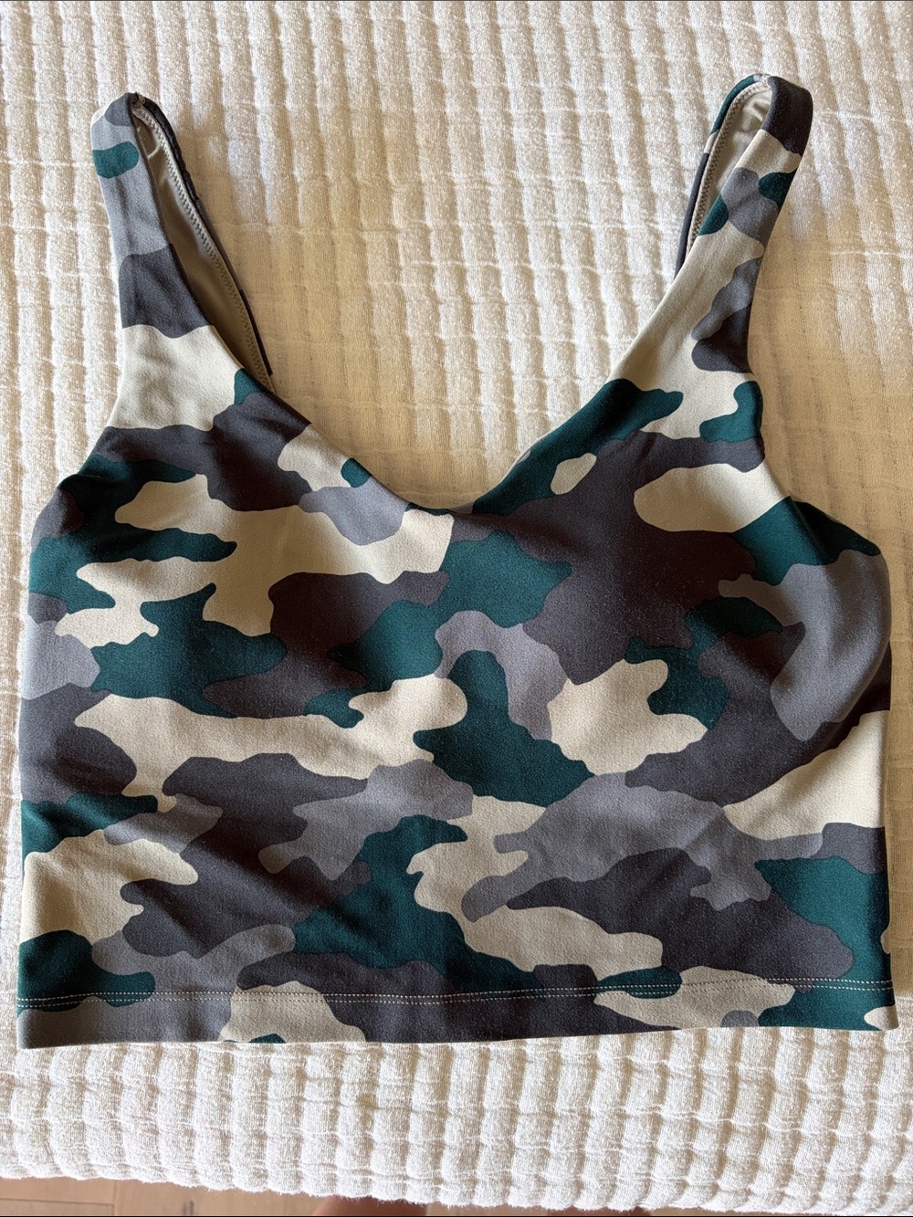 aerie Camo Scoop-Neck Bralette in Green, Gray, and Cream